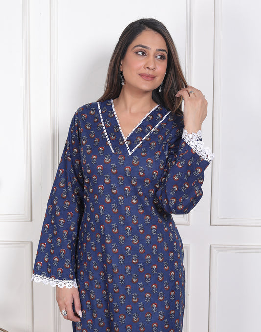 Indigo Bloom Lace-Detail Pakistani Kurti