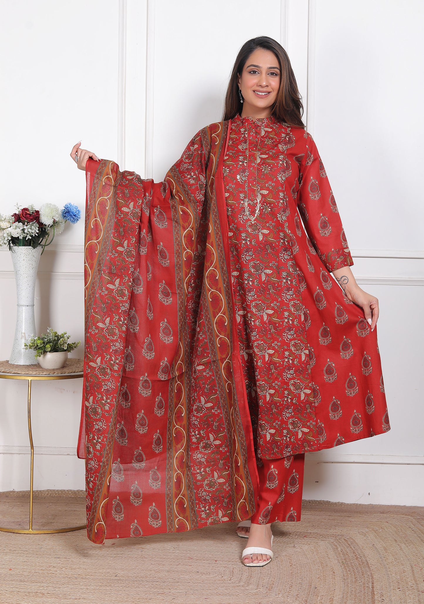 Red Block Print Kurta Pant Dupatta Set
