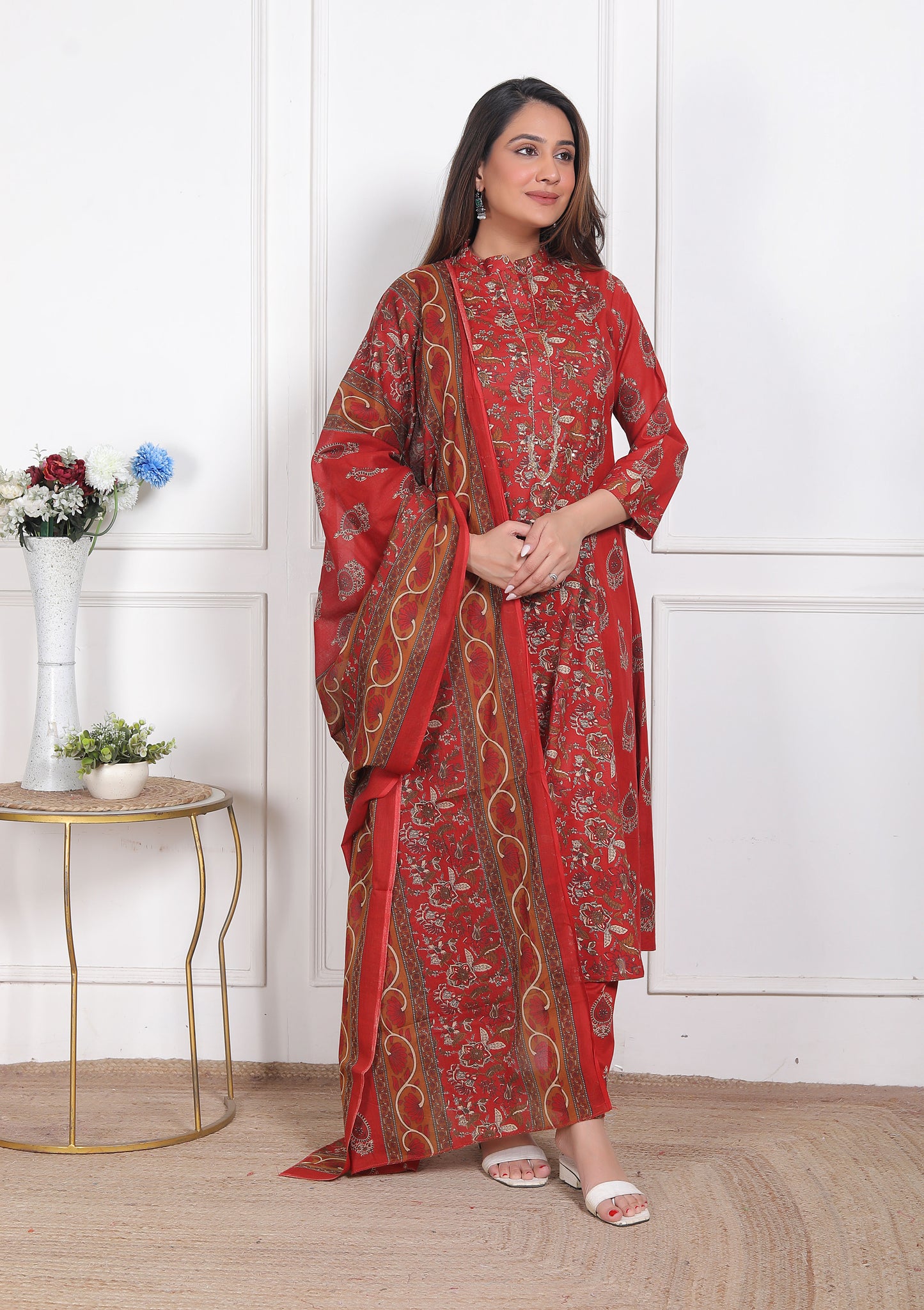 Red Block Print Kurta Pant Dupatta Set