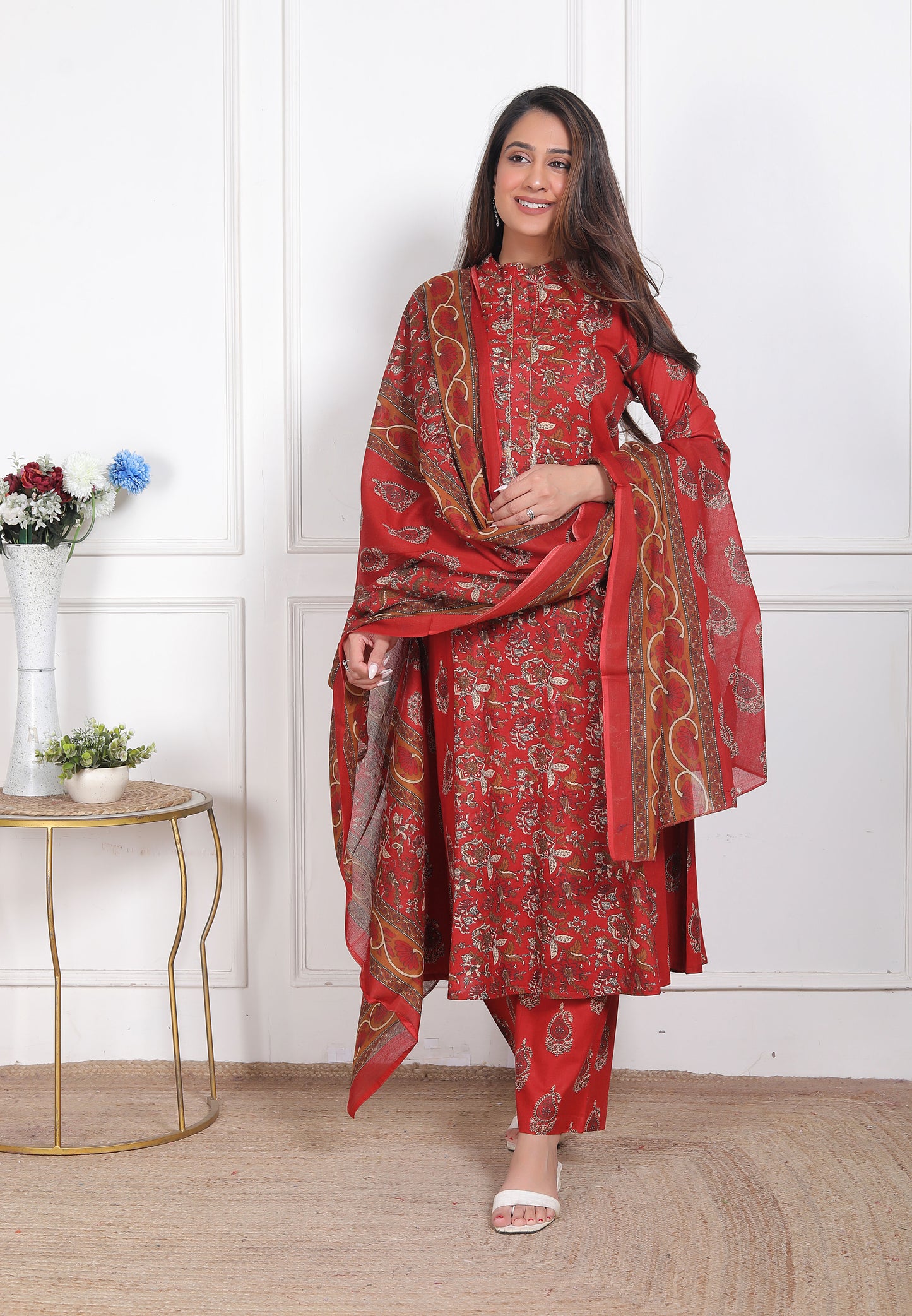 Red Block Print Kurta Pant Dupatta Set