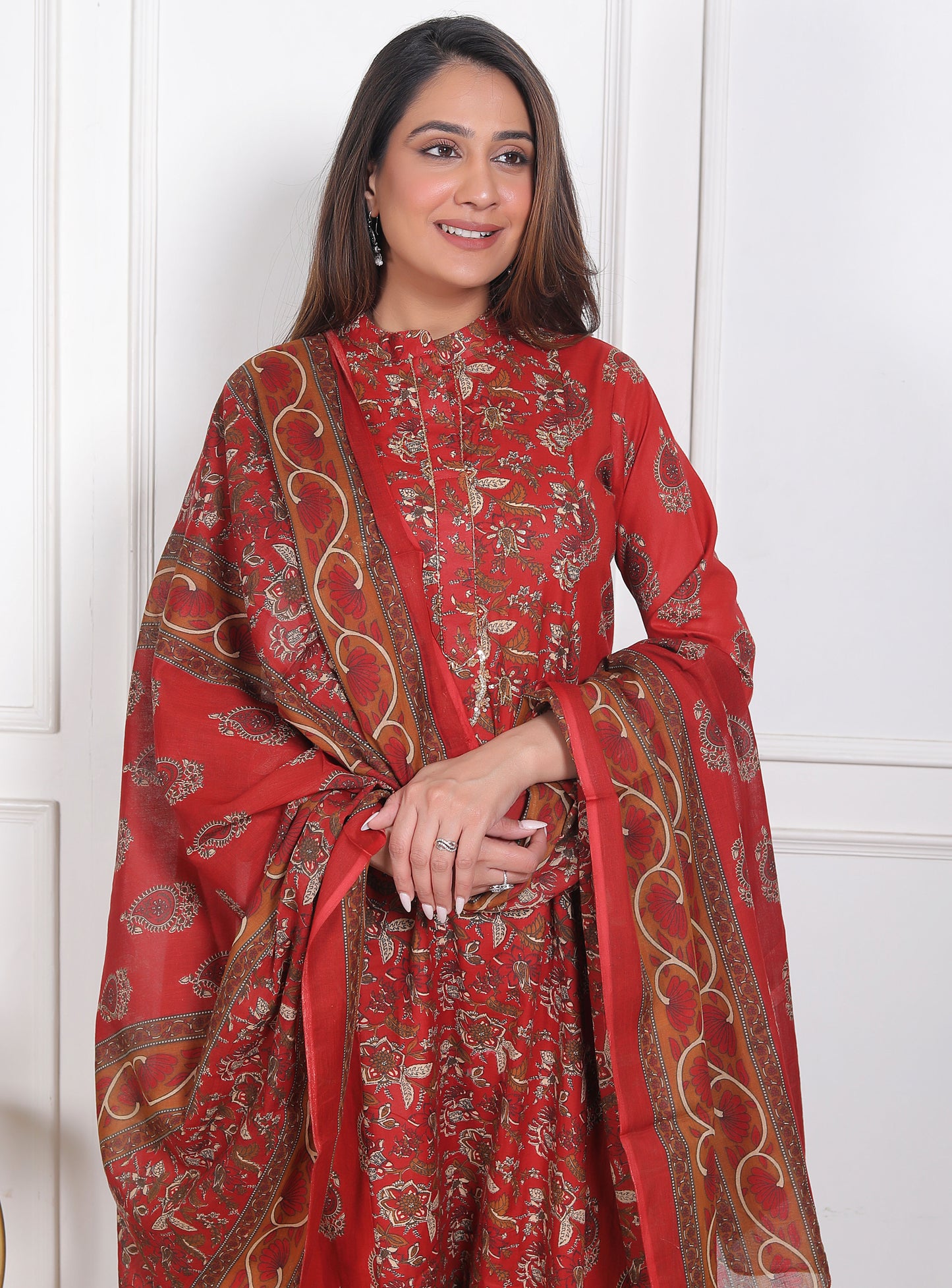 Red Block Print Kurta Pant Dupatta Set