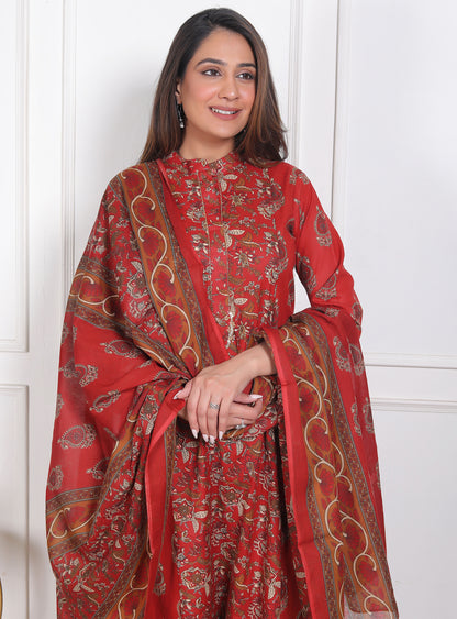 Red Block Print Kurta Pant Dupatta Set