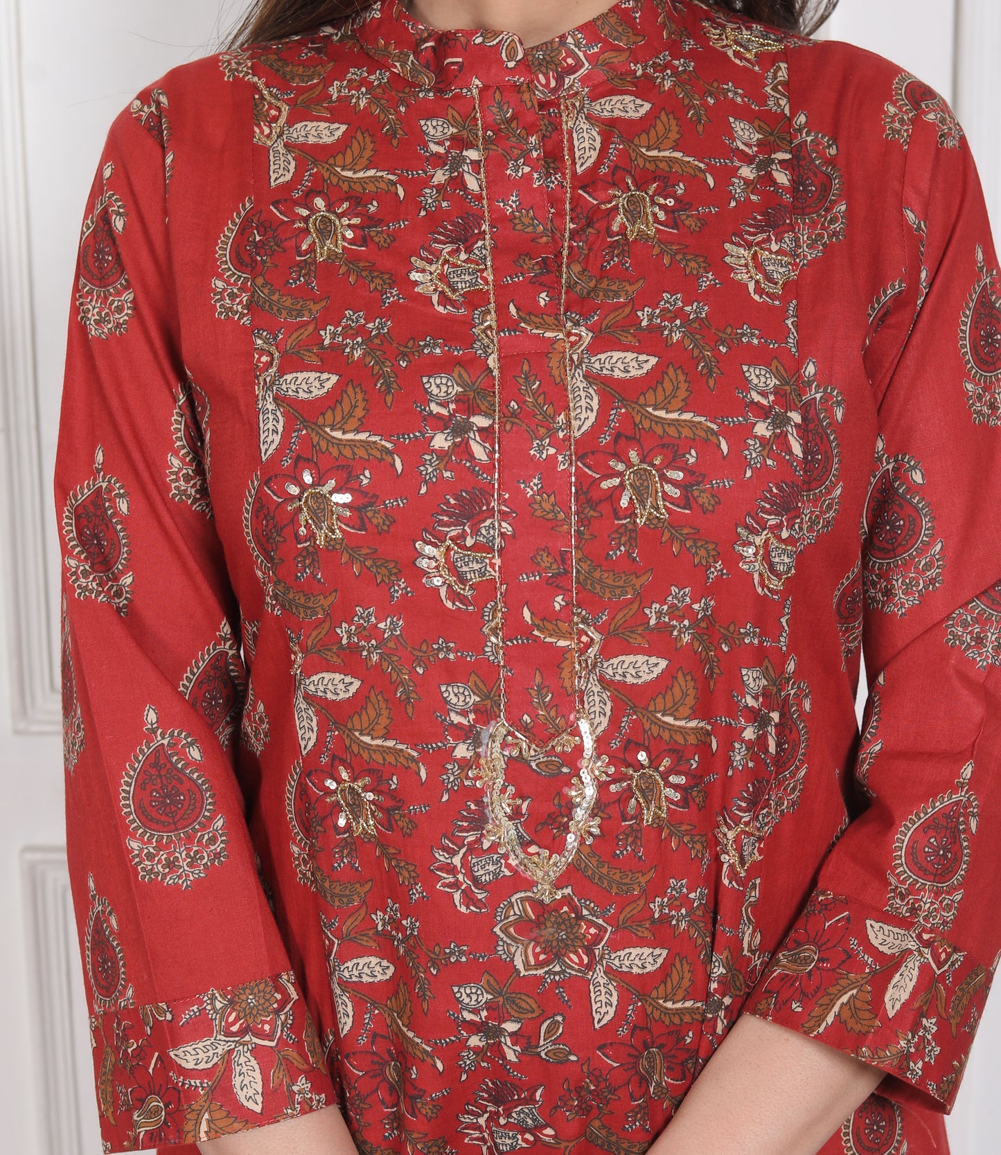 Red Block Print Kurta Pant Dupatta Set