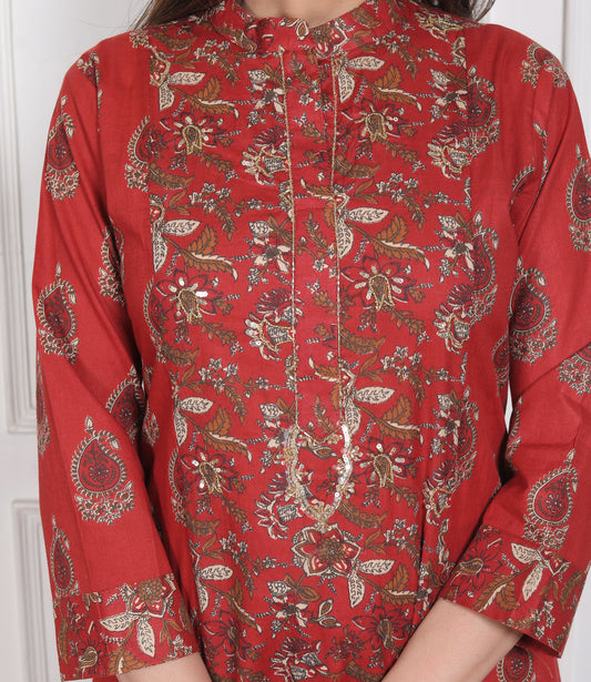 Red Block Print Kurta Pant Dupatta Set