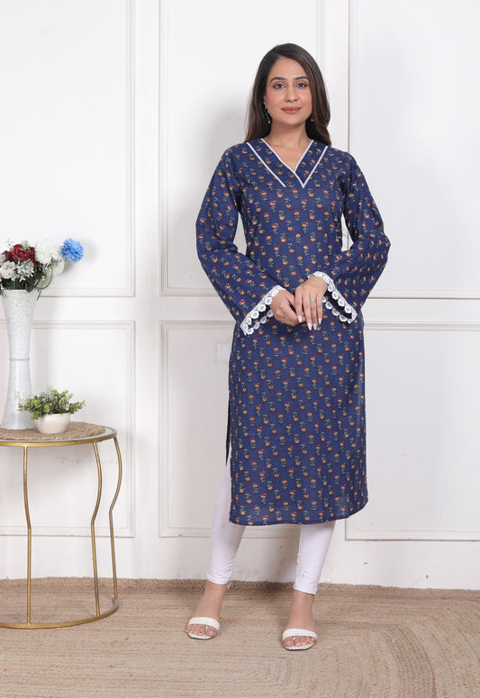 Indigo Bloom Lace-Detail Pakistani Kurti