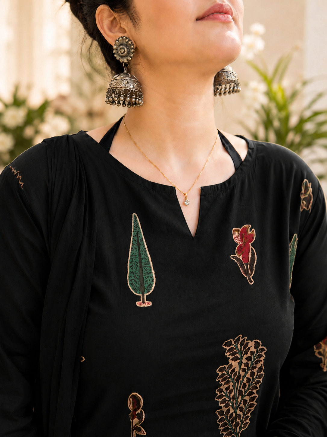 A2 Cloth Women Black Printed Pure Cotton Kurta Salwar Set with Silk Chiffon Dupatta | Round Neck Ethnic Wear