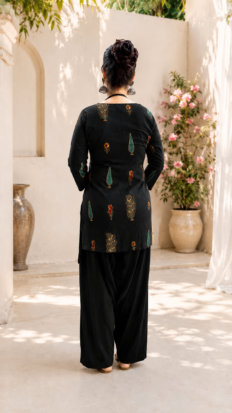 A2 Cloth Women Black Printed Pure Cotton Kurta Salwar Set with Silk Chiffon Dupatta | Round Neck Ethnic Wear