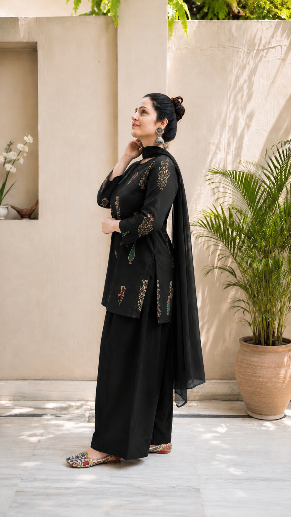 A2 Cloth Women Black Printed Pure Cotton Kurta Salwar Set with Silk Chiffon Dupatta | Round Neck Ethnic Wear