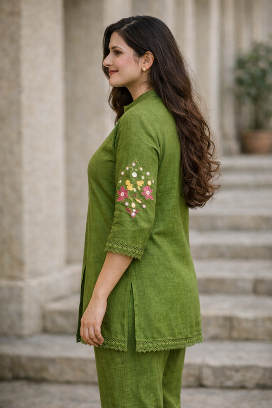 Olive Breeze Embroidered Cotton Kurta Set