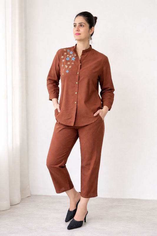 Brown Flora Cotton Co-ord Set
