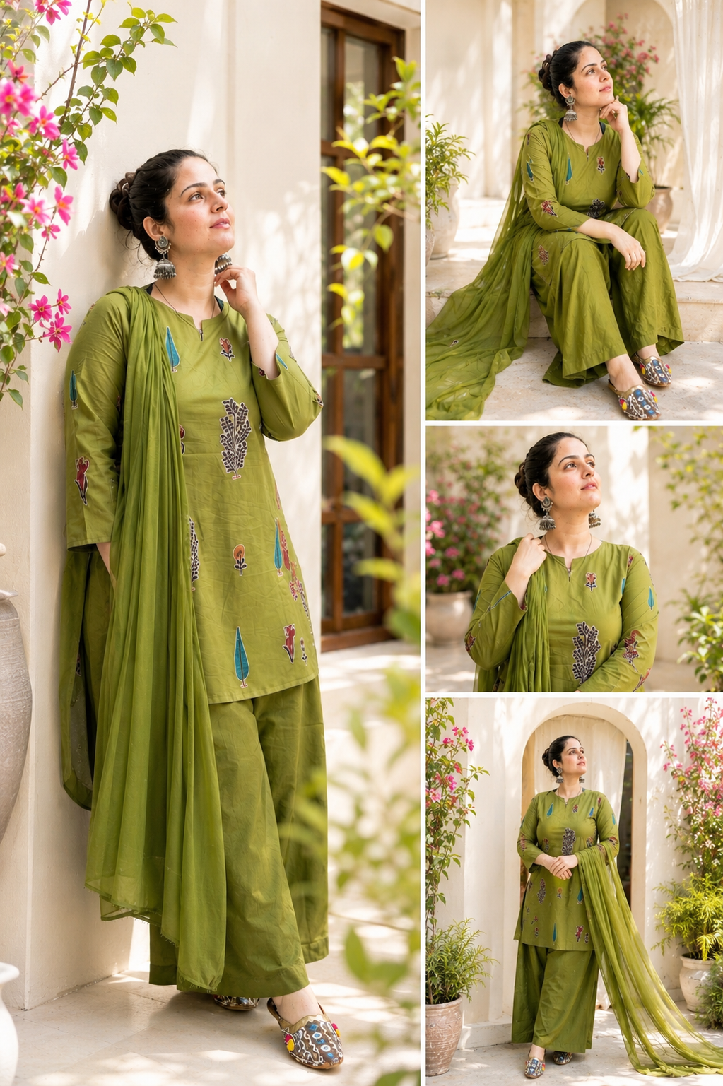 A2 Cloth Women Green Printed Pure Cotton Kurta Salwar Set with Silk Chiffon Dupatta | Round Neck Ethnic Wear