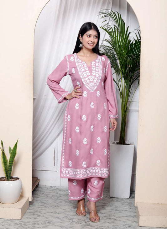 Lucknavi Pink Embroidered Kurta Set