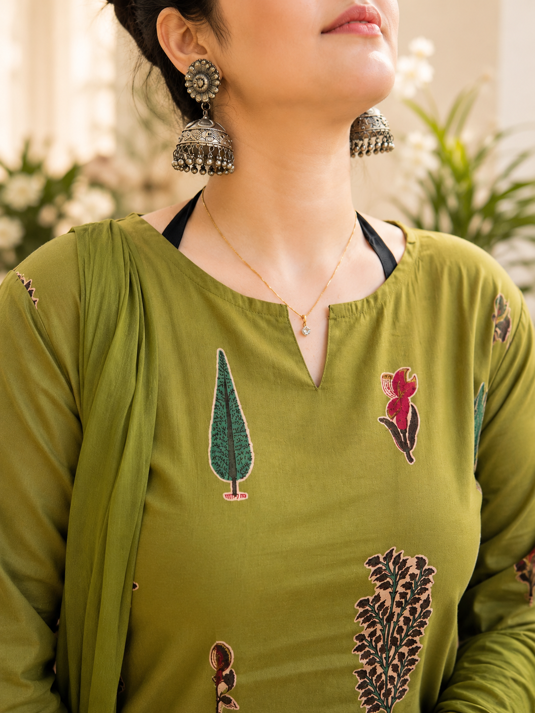 A2 Cloth Women Green Printed Pure Cotton Kurta Salwar Set with Silk Chiffon Dupatta | Round Neck Ethnic Wear