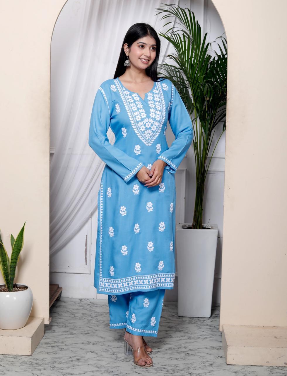 Lucknavi Blue Kurta Set (Viscose Rayon)
