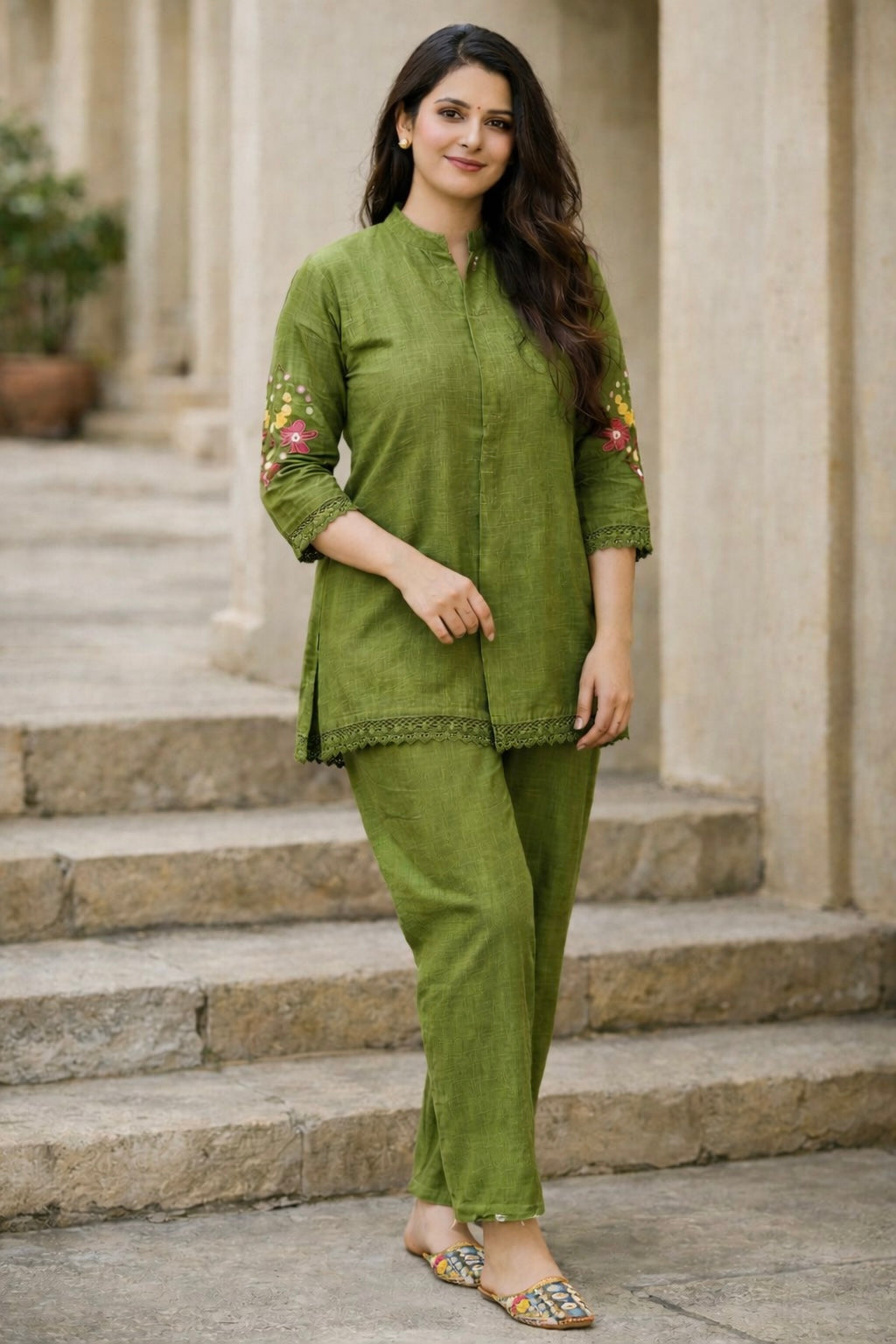 Olive Breeze Embroidered Cotton Kurta Set