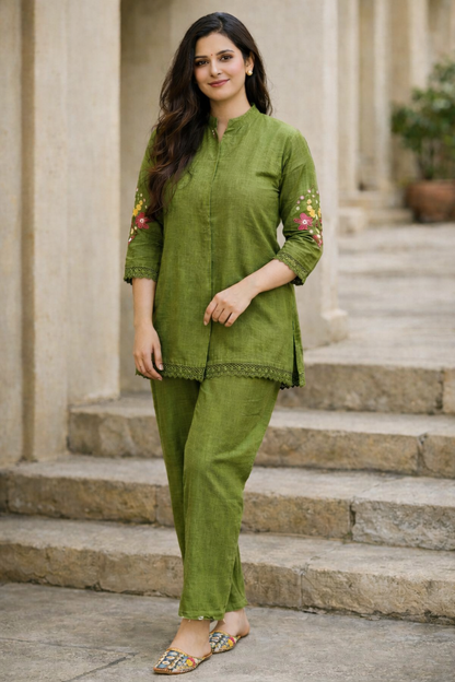 Olive Breeze Embroidered Cotton Kurta Set